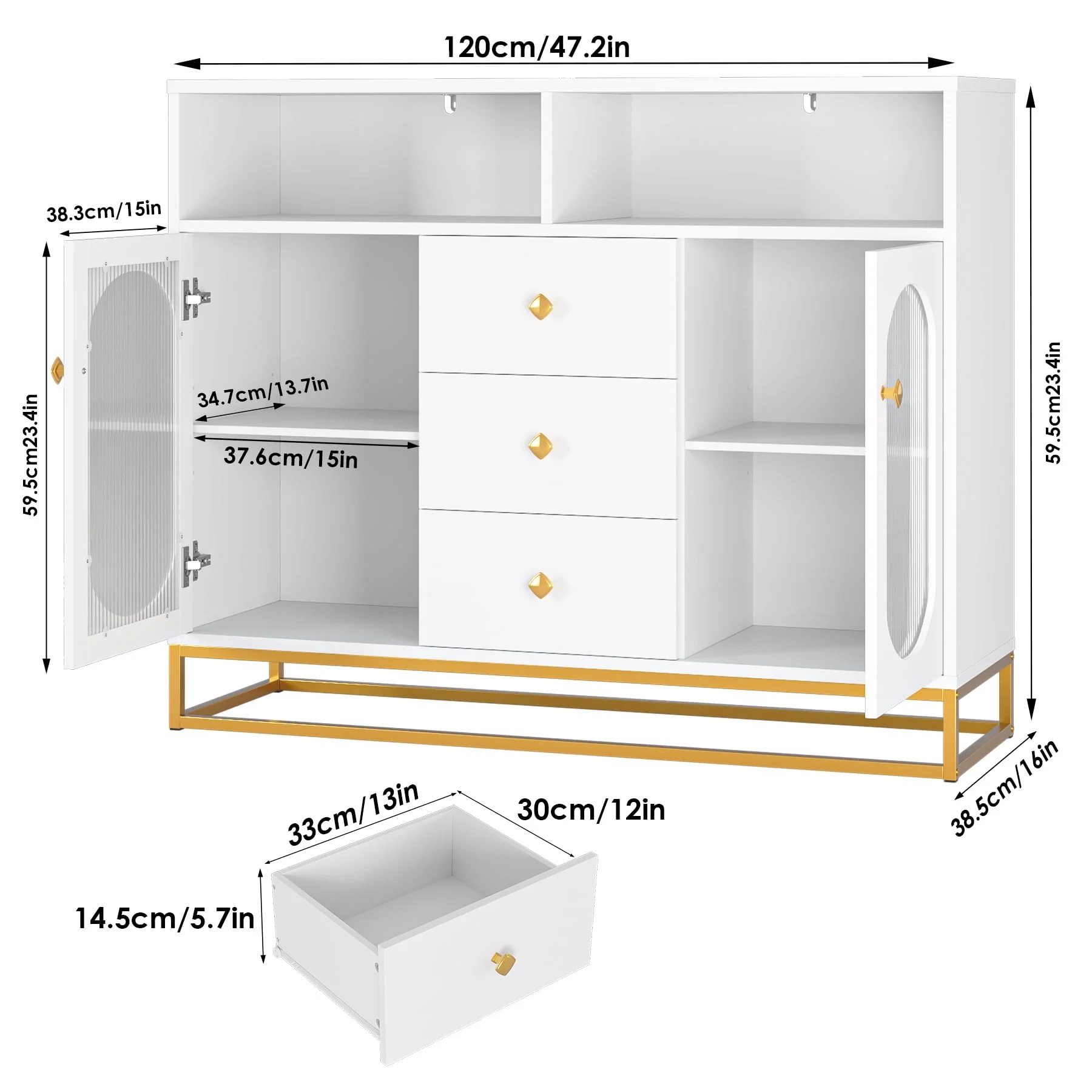 Homfa 47.2'' Sideboard Storage Cabinet, 3 Drawers Buffet Cabinet with Glass Doors for Kitchen Dining Room, White - Image 2