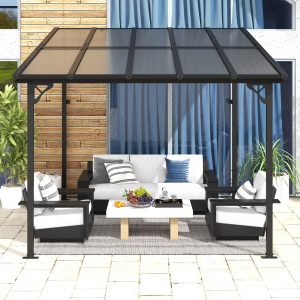 JolyDale 10-x 10- Hardtop Gazebo, Outdoor Wall-mounted Pergola for Garden, Patio, Backyard, Gray