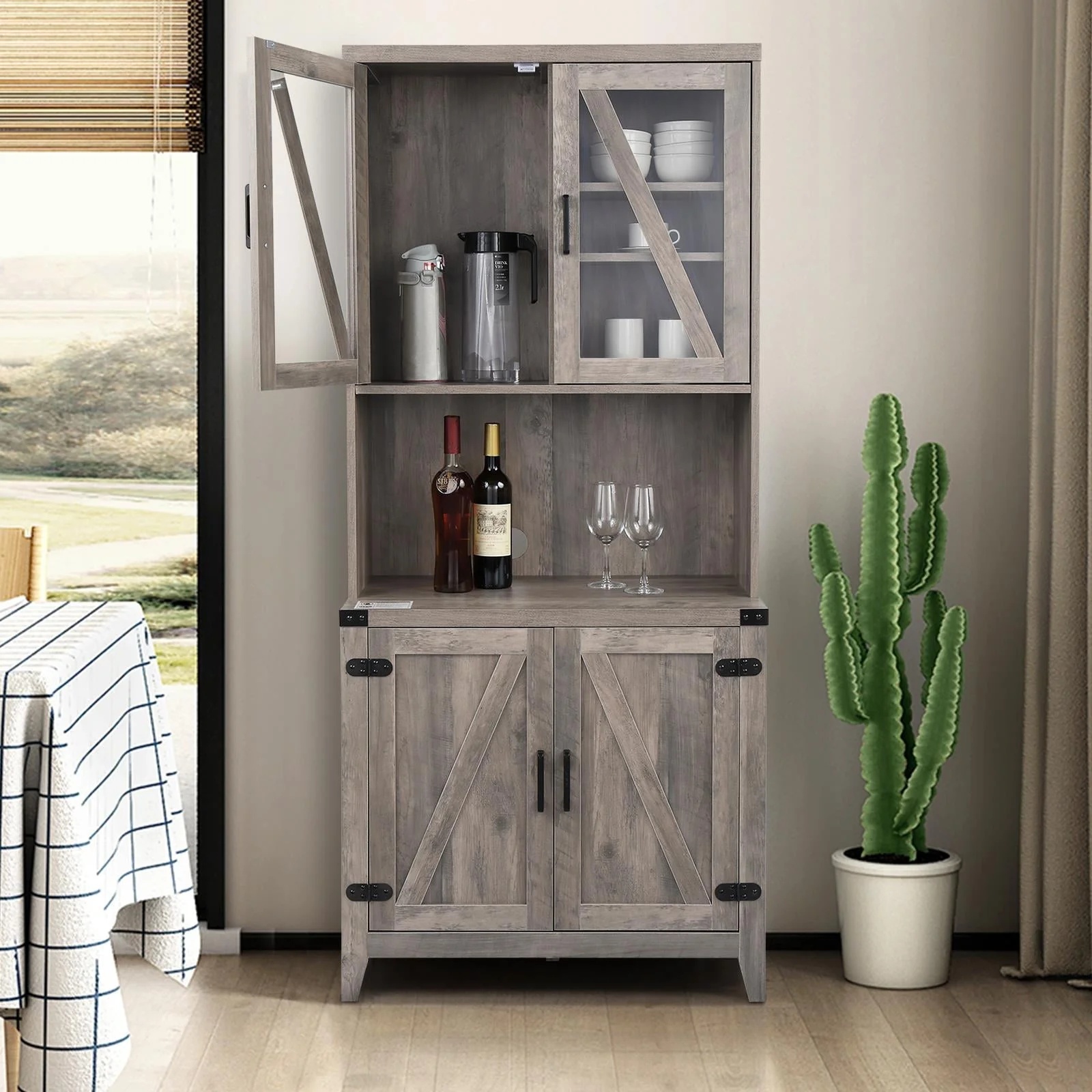 UBesGoo Freestanding Rustic Kitchen Buffet with Hutch, Pantry Storage Cabinet with Adjustable Shelf Grey Oak - Image 5