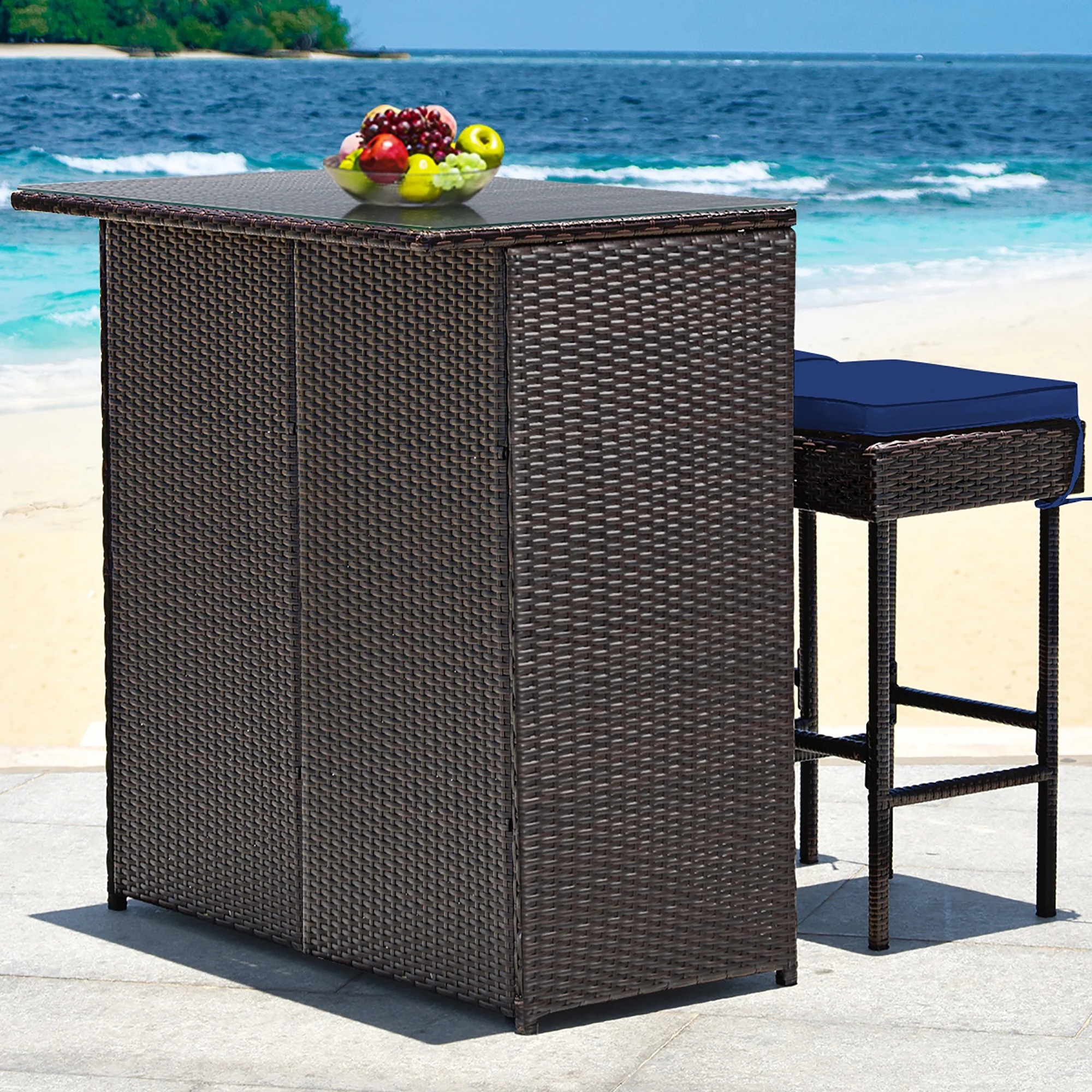 Costway Patio 3PCS Rattan Bar Table Stool Set Cushioned Chairs with Gray & Off white Cover - Image 21