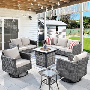 Ovios 6 Pieces Outdoor Patio Furniture Set with Gas Propane Fire Pit Table Wicker Outdoor Conversation Set with Swivel Rocking Chair for Backyard, Cushion Beige