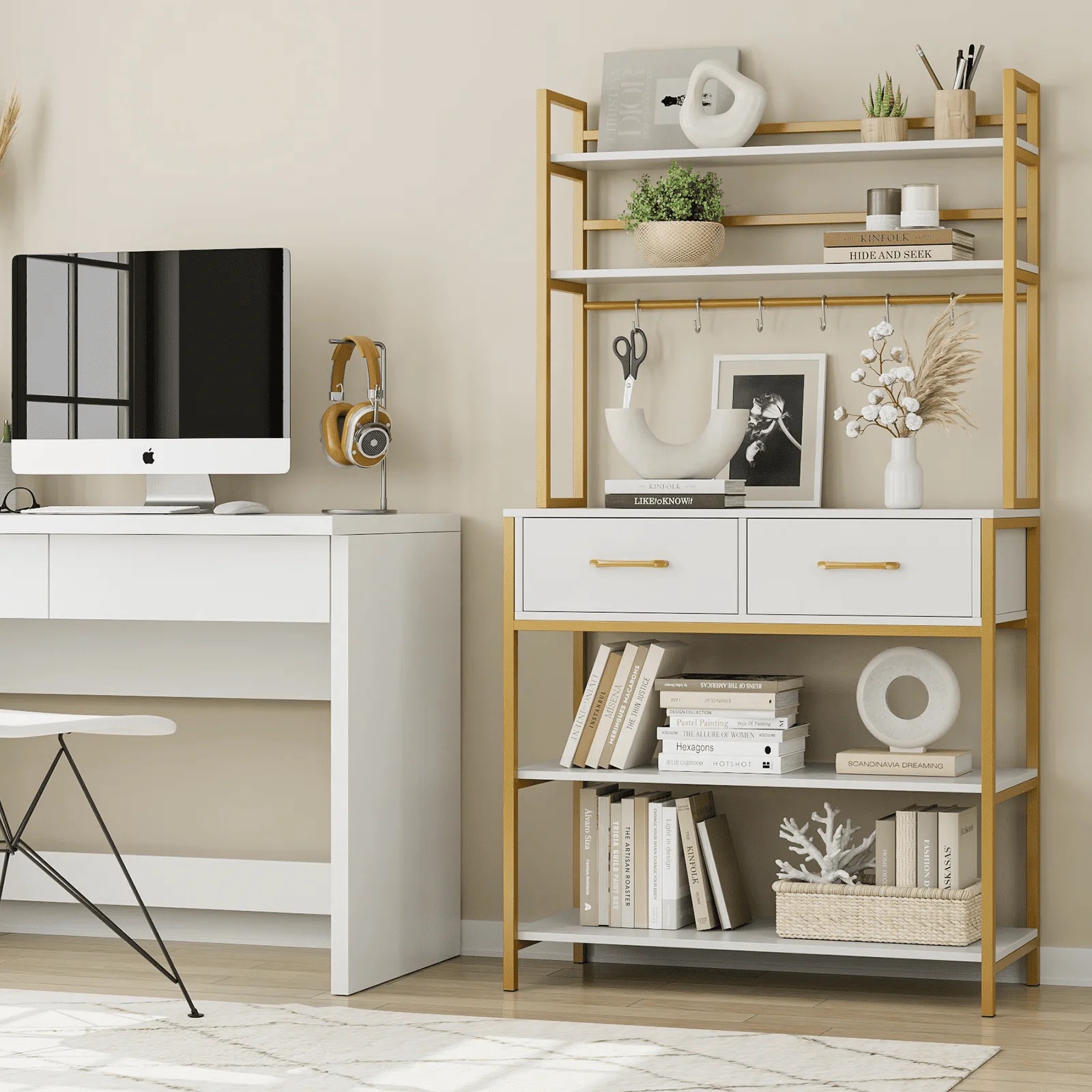 Homfa 2 Drawers Ladder Shelf, 5 Tier Modern Bookcase, Multifunctional Bookshelf Storage Rack, Gold and White