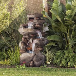 Alpine Corporation WIN1184 40" Outdoor Floor 3-Tiered Rock Waterfall Fountain with LED Lights, Natural Stone Look -C Cascading Water Feature for Gardens, Patios, Yards, and Outdoor D-cor, Gray