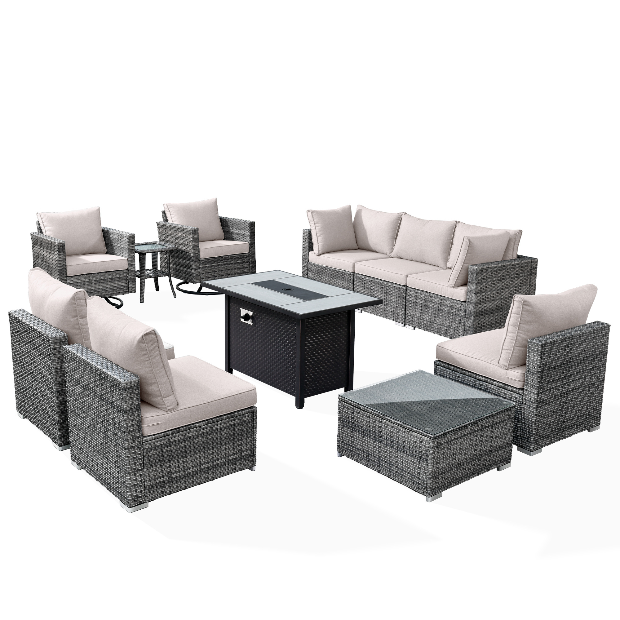 Ovios 11 Pieces Patio Fire Pit Set Outdoor Wicker Sectional Sofa Conversation Set with Swivel Rocking Chairs and Side Table,Dark Gray - Image 23