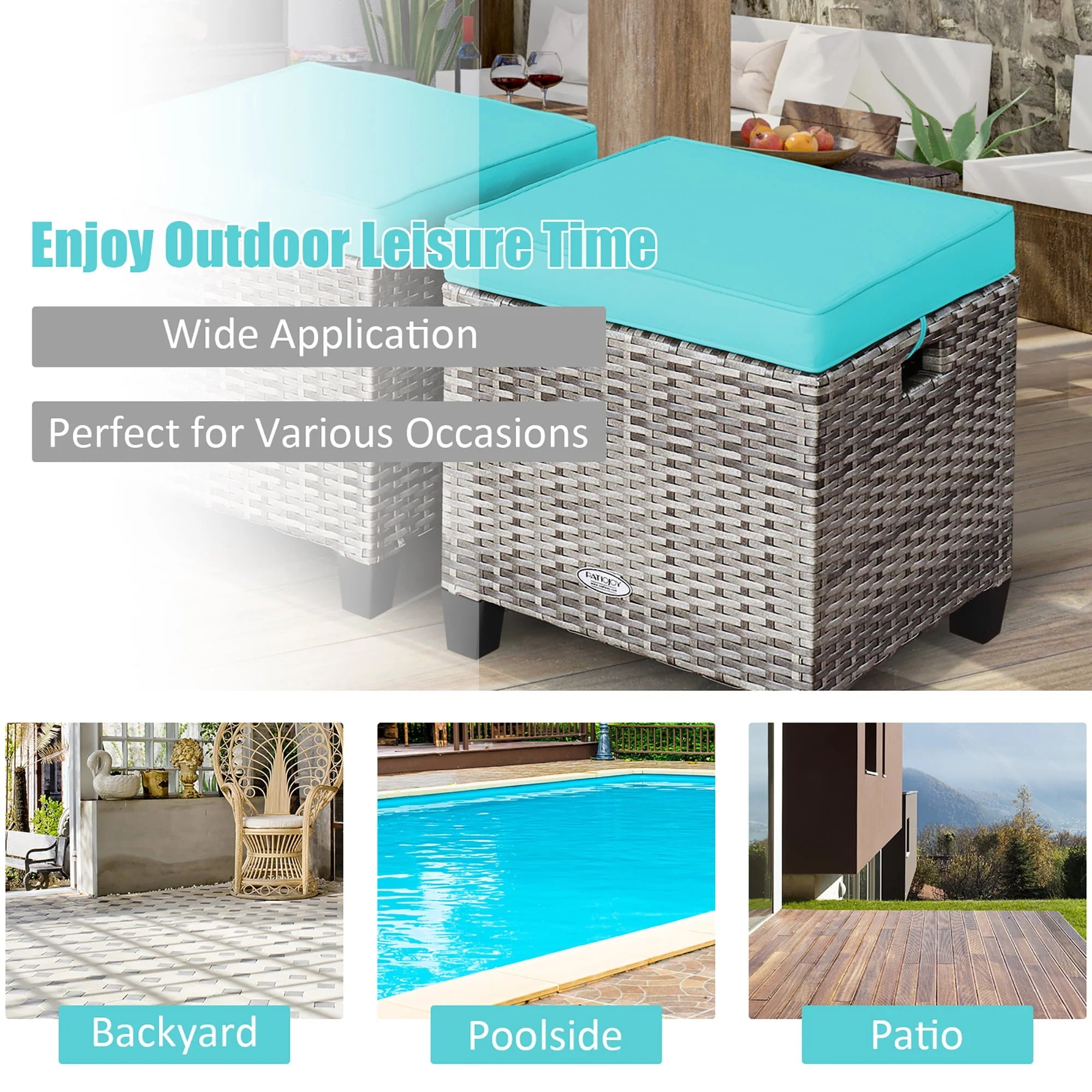 Costway 2PCS Patio Rattan Cushioned Ottoman Seat Foot Rest TableTurquoise - Image 10