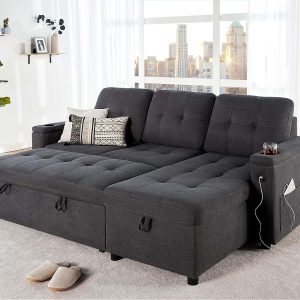 Papajet Sleeper Sofa, Modern Tufted Convertible Sofa Bed, USB Charging Ports & Cup Holders, L Shaped Sofa Couch with Storage Chaise, Linen Couches for Living Room (Dark Grey)