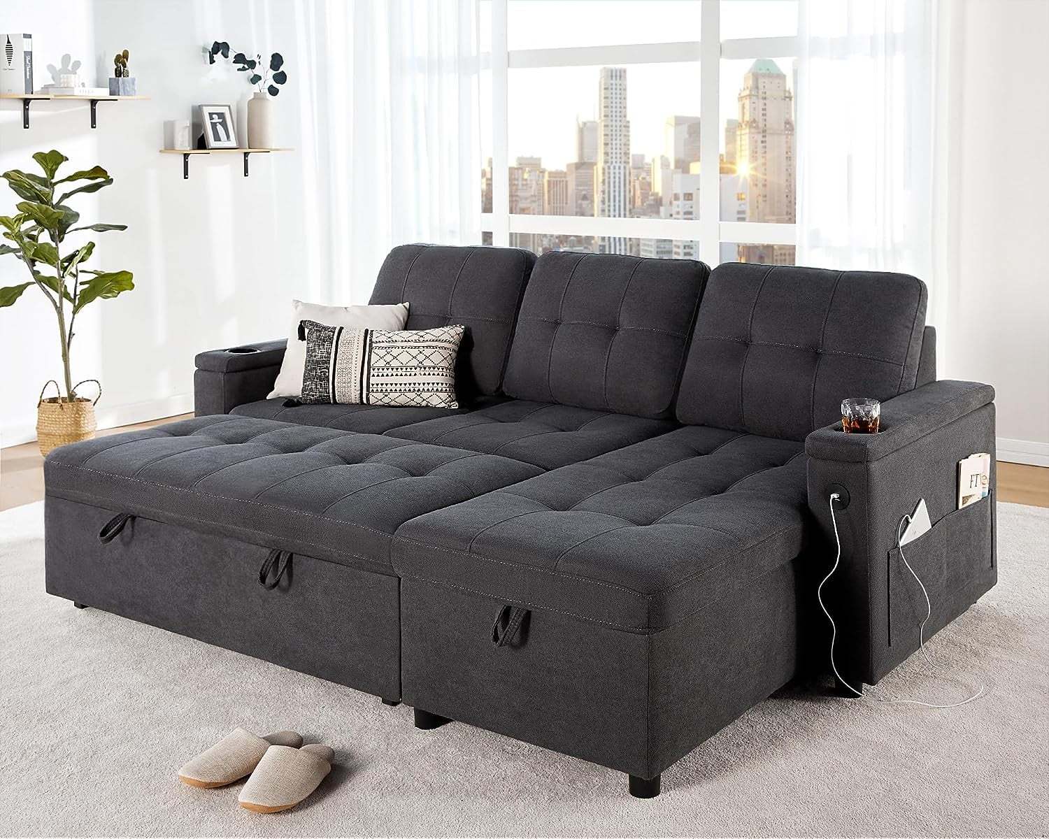 Papajet Sleeper Sofa, Modern Tufted Convertible Sofa Bed, USB Charging Ports & Cup Holders, L Shaped Sofa Couch with Storage Chaise, Linen Couches for Living Room (Dark Grey)