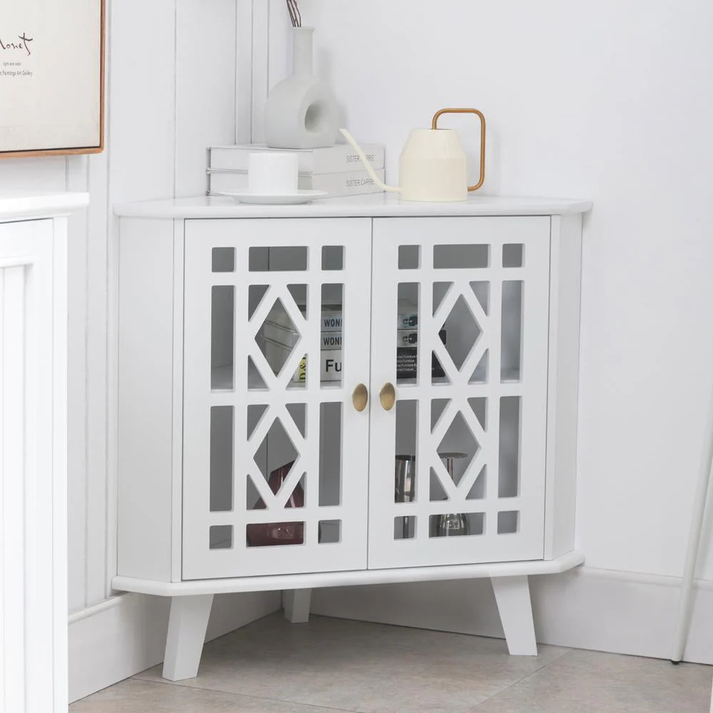 Eclife 32" Corner Sideboard Cabinet Freestanding Space Saving Storage Organizer with 2 Doors and 2-Tier Shelves, White - Image 7