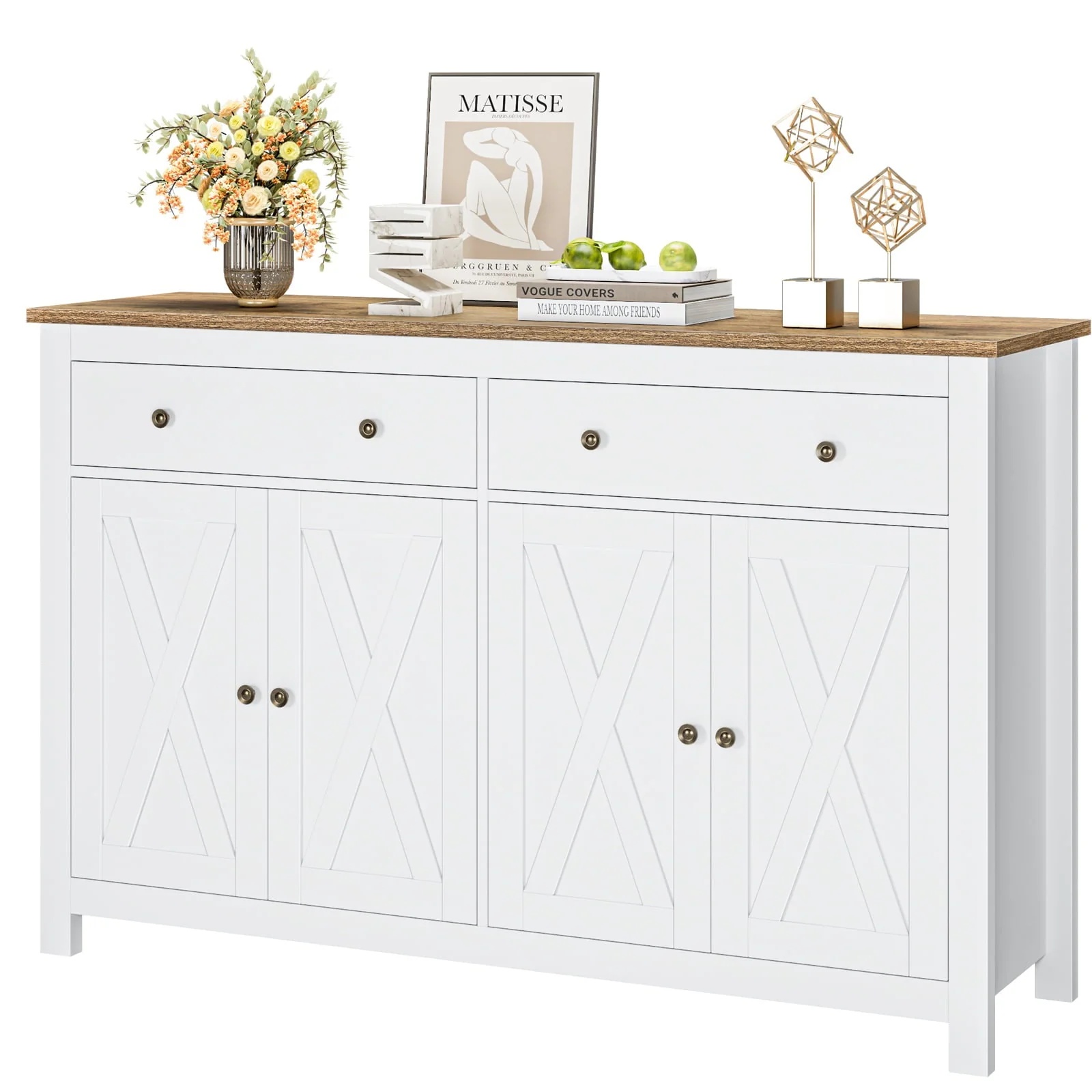 Homfa 4-Doors 2-Drawers Farmhouse Storage Cabinet, Wood Sideboard with Adjustable Shelves, White - Image 3