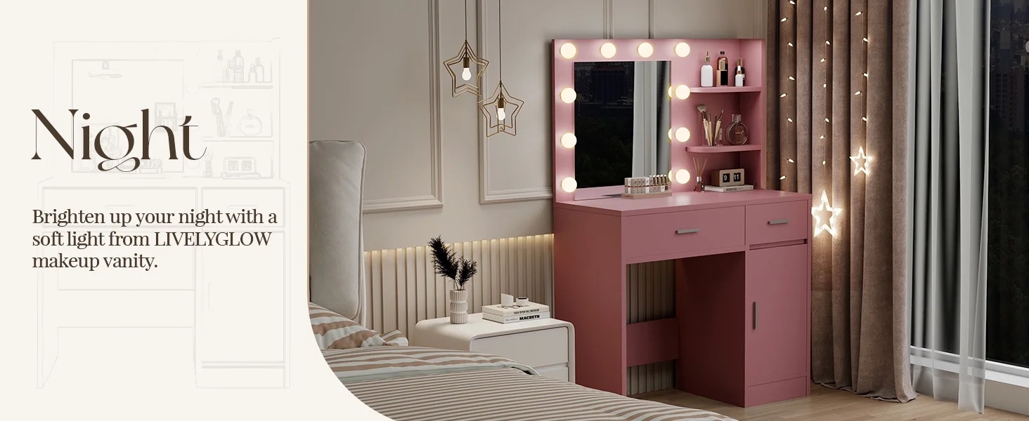 LIVELYGLOW Vanity Desk with Mirror and Lights, Makeup Vanity with Drawer & Storage Shelves, Cabinet, 3 Lighting Modes Adjustable Brightness,White - Image 47