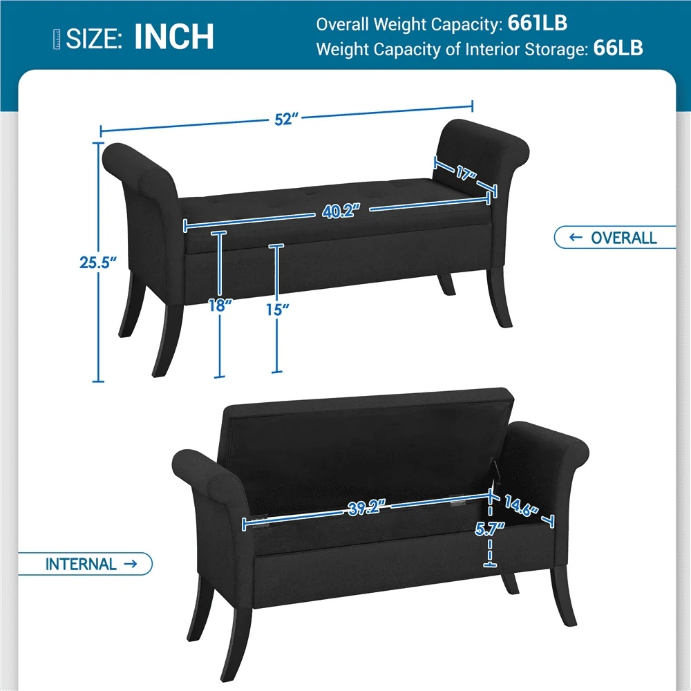 SMILE MART Modern Fabric Tufted Storage Bench with Rolled Arms for Home, Black - Image 5