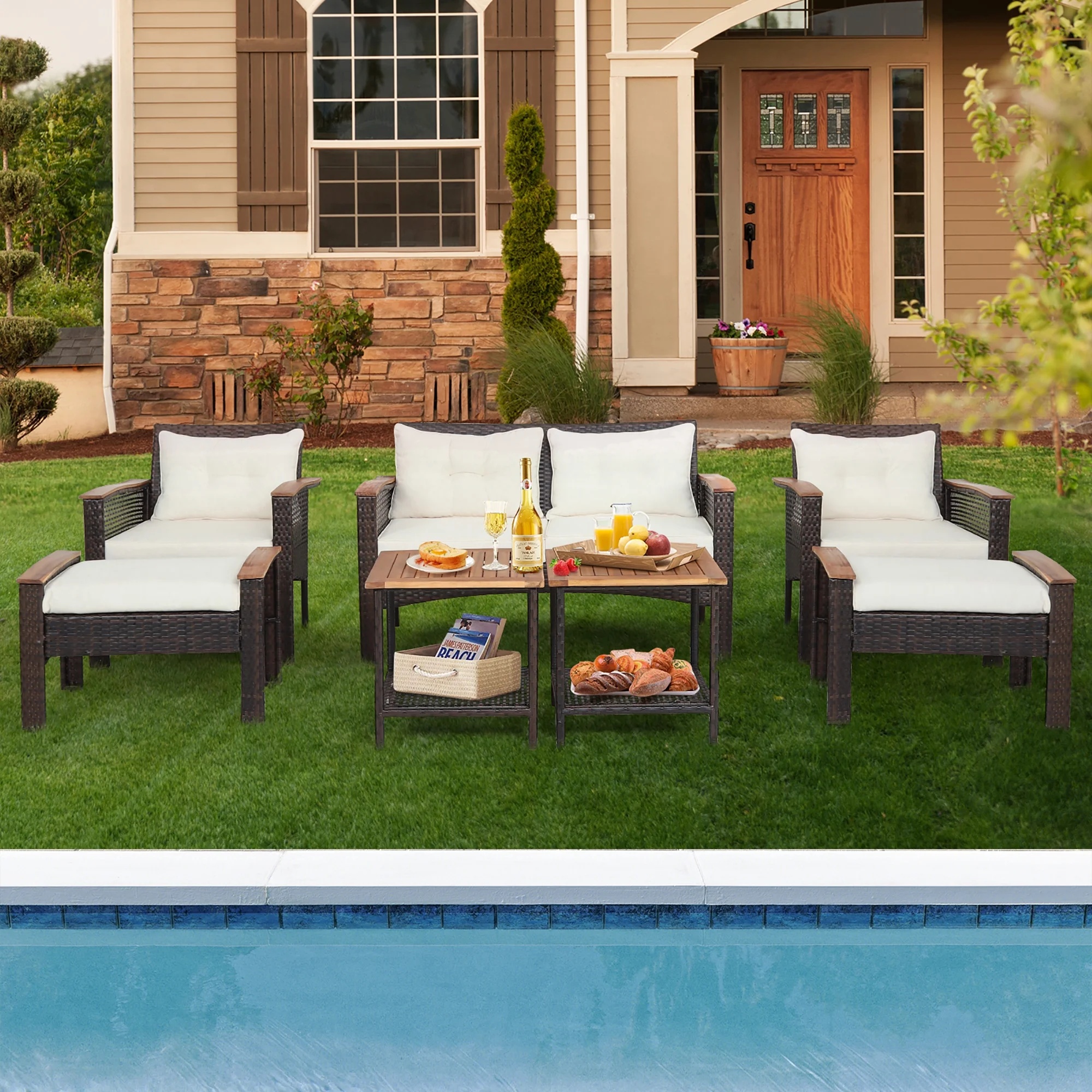 Gymax 7PCS Patio Rattan Sofa Set Outdoor Wicker Conversation Set w/ Coffee Tables - Image 10