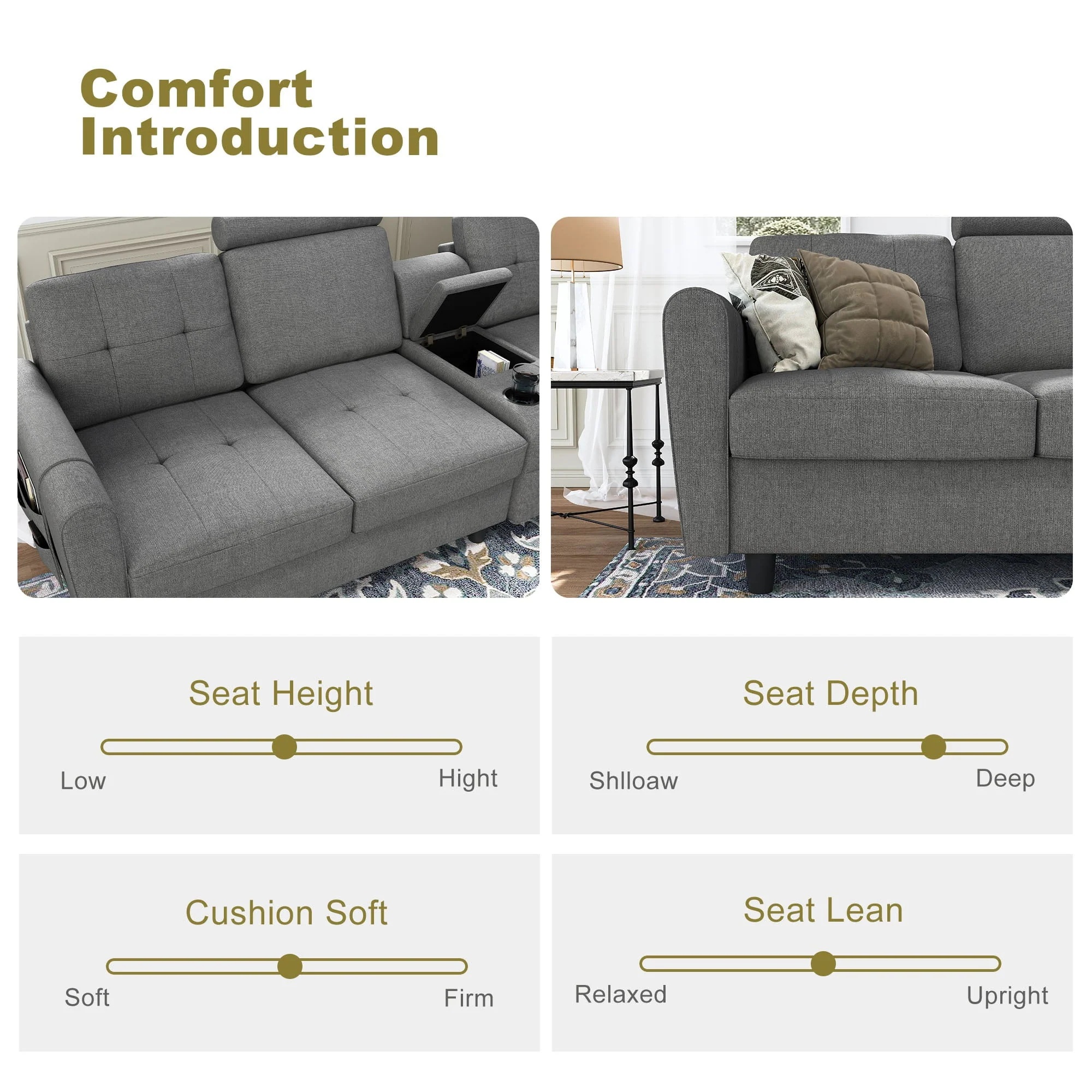 HONBAY Reversible Sectional Sofa Modern Upholstered L Shaped Couch with Cup Holders & Storage Console for Living Room, Grey - Image 10