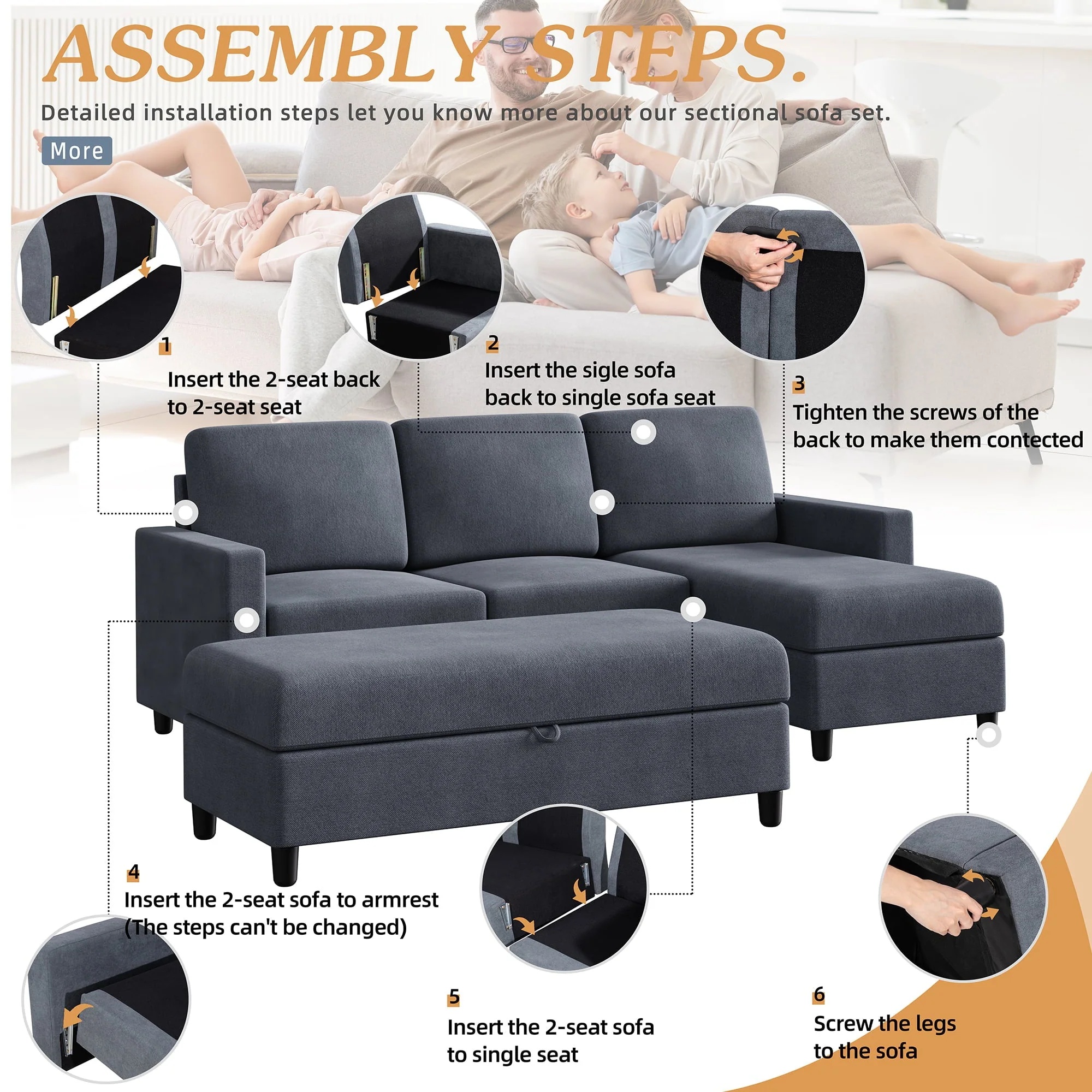Sobaniilo Soft Couches Set, Convertible Sectional Sofa with Storage Ottoman, Fabric Couches Set for Living Room, Dark Grey - Image 11
