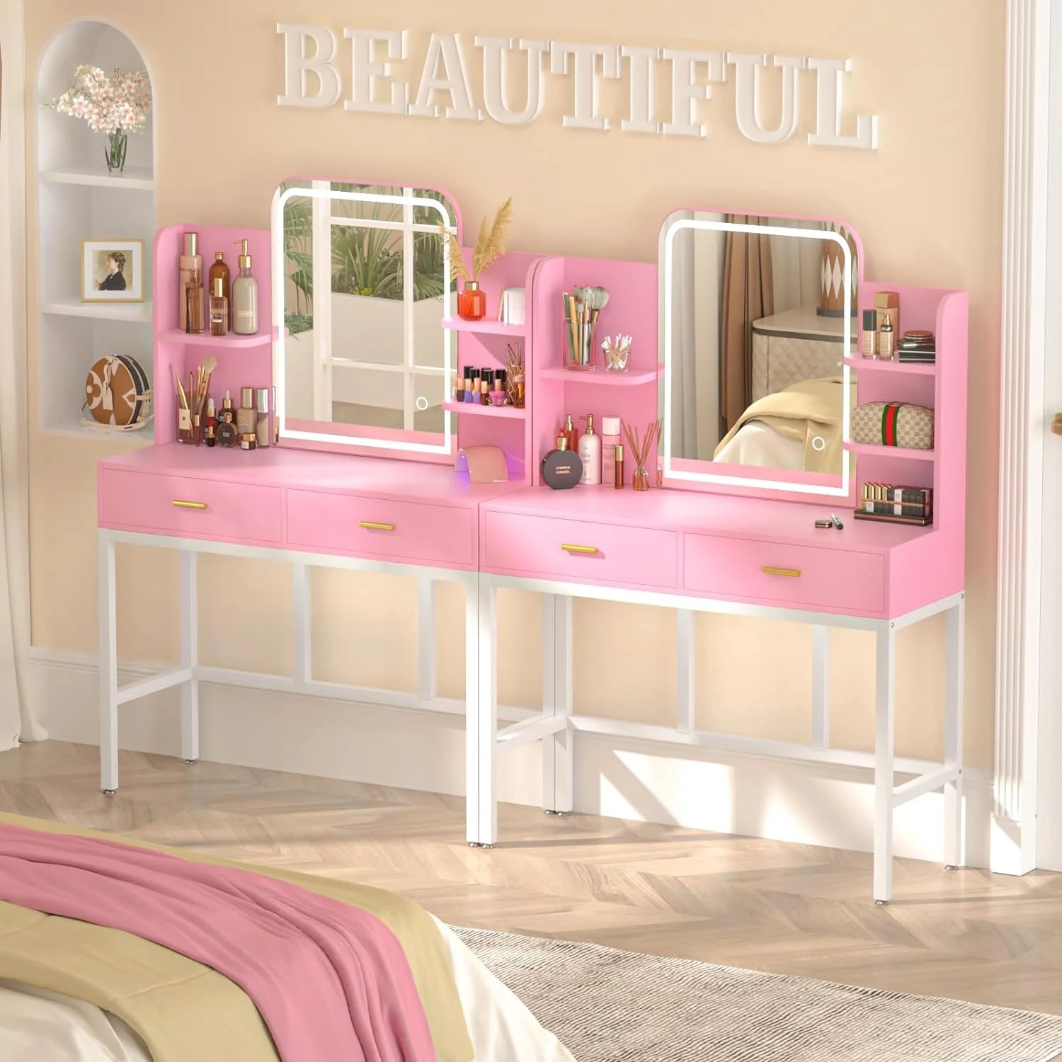 iSunirm Vanity Desk with Mirror and Lights, Makeup Vanity with 2 Drawers, Vanity Table Set with 3 Color Adjustable Lighting Options, Modern Dressing Table with Shelf, for Bedroom, Pink - Image 10