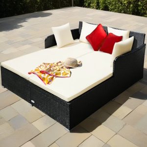 Veryke Outdoor Patio Wicker Daybed Double Chaise Lounge with Cushion, Recliner Chair for Patio Furniture - Beige