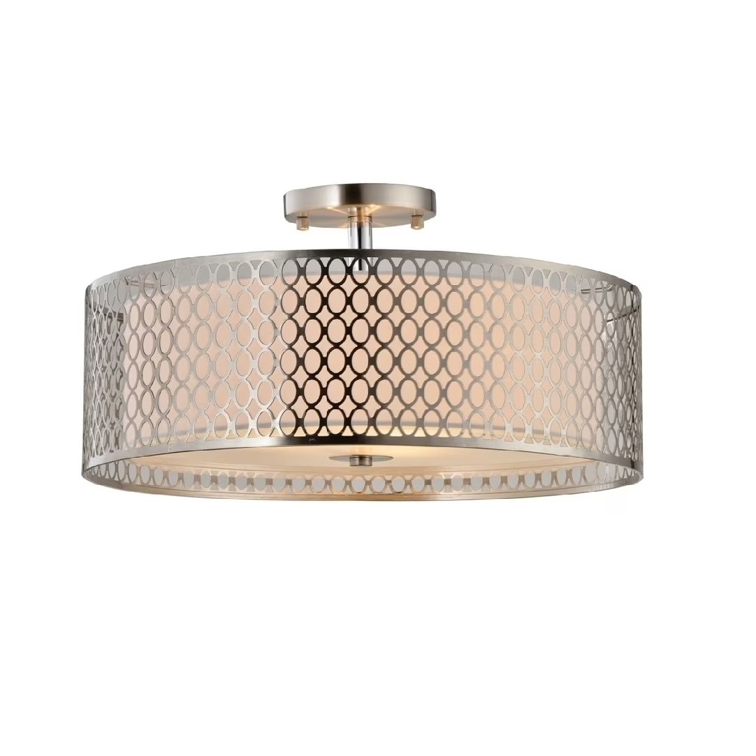 Woodbridge Lighting Spencer 3-Light Metal and Fabric Semi-Flush Mount in Nickel