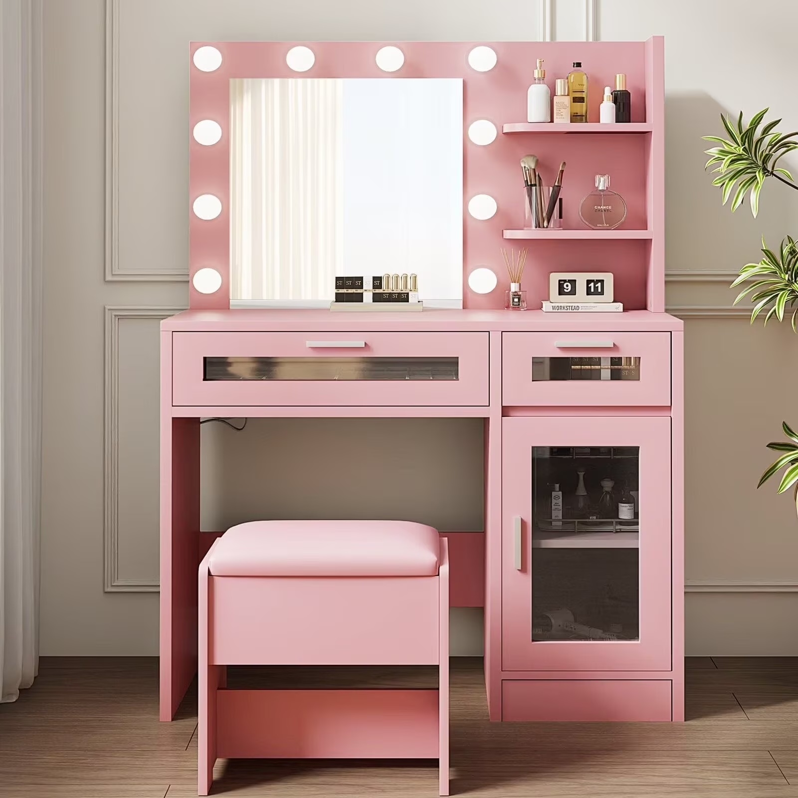 LIVELYGLOW Vanity Desk with Mirror and Lights, Makeup Vanity with Drawer & Storage Shelves, Cabinet, 3 Lighting Modes Adjustable Brightness,White - Image 3