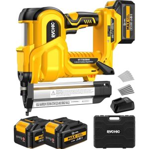 Rvchic 2-in-1 Cordless Electric Brad Nailer with 2 * 2.0Ah Battery for Upholstery,Carpentry and Woodworking,1000pcs Nails,18GA Staples Included,Yellow