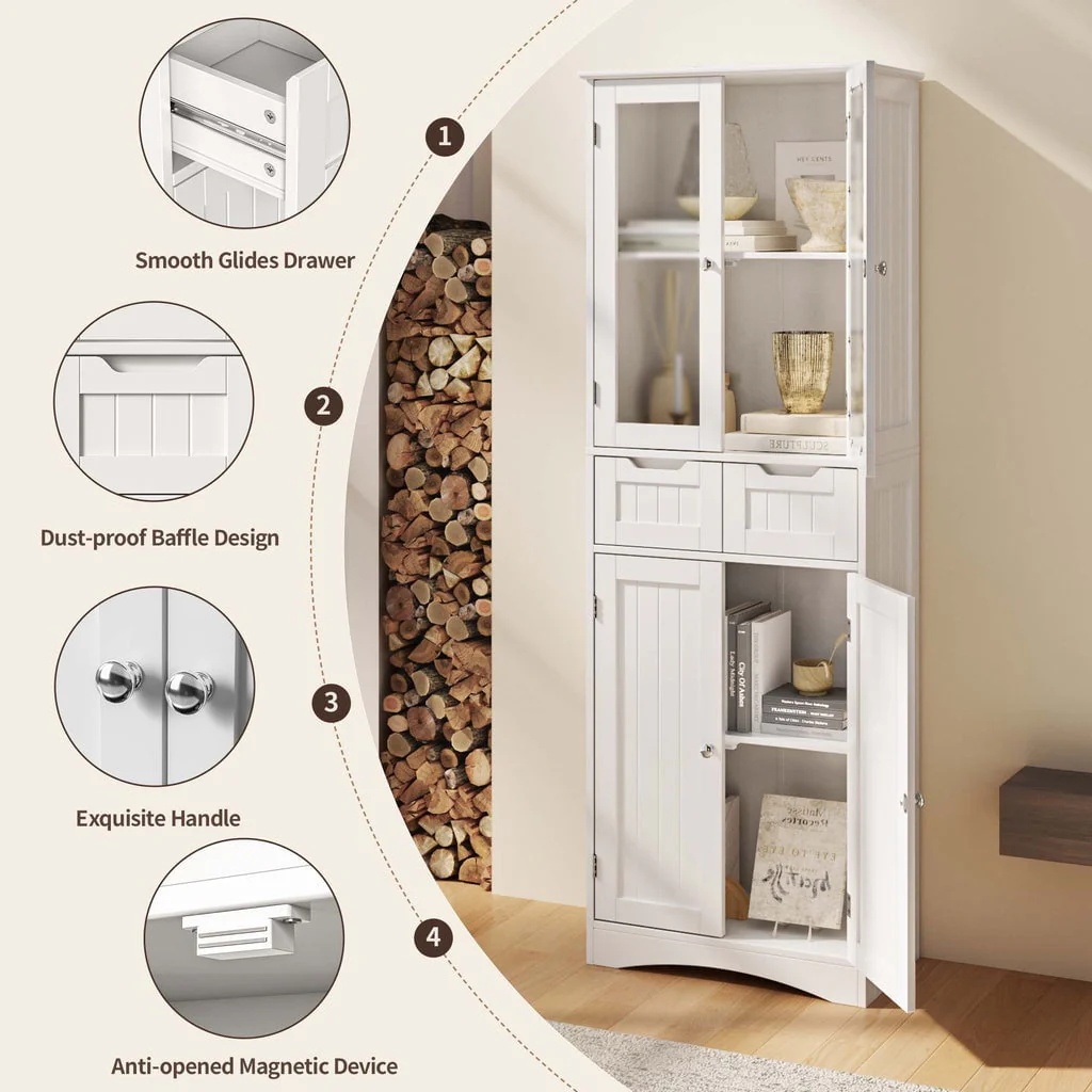 Aiho 66.9 "H Kitchen Pantry Storage Cabinet with 2 Drawers and Glass Doors for Kitchen - White - Image 10