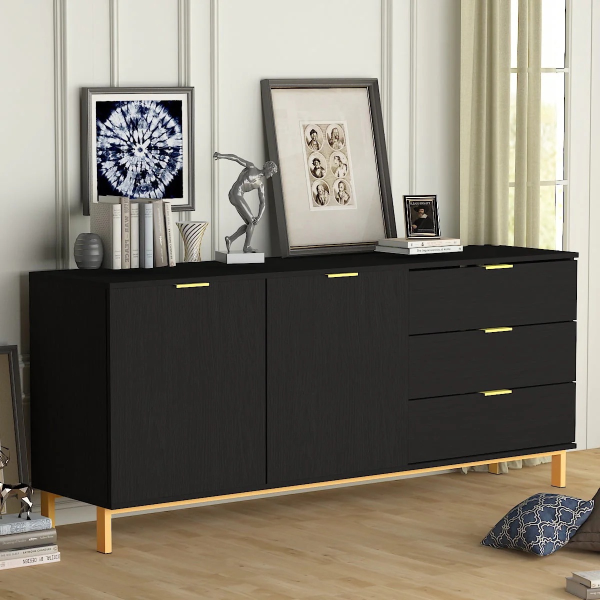 Modern Sideboard Buffet Storage Cabinet with 3 Drawers and Door for Living Room Black - Image 2