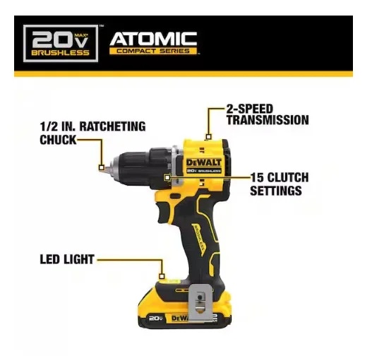 VSM DEWALT ATOMIC 20-Volt Lithium-Ion Cordless Compact 1/2 in. Drill/Driver Kit with 2.0Ah Battery, Charger and Bag - Image 2