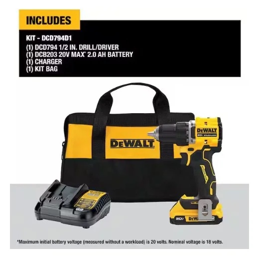 VSM DEWALT ATOMIC 20-Volt Lithium-Ion Cordless Compact 1/2 in. Drill/Driver Kit with 2.0Ah Battery, Charger and Bag - Image 3