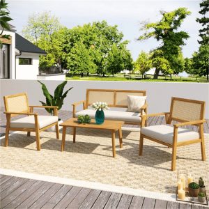 4 Piece Outdoor Patio Furniture Sets All Weather Outdoor Sofa PE Garden Furniture Wicker Rattan Patio Conversation Set with Glass Table & Beige Cushions
