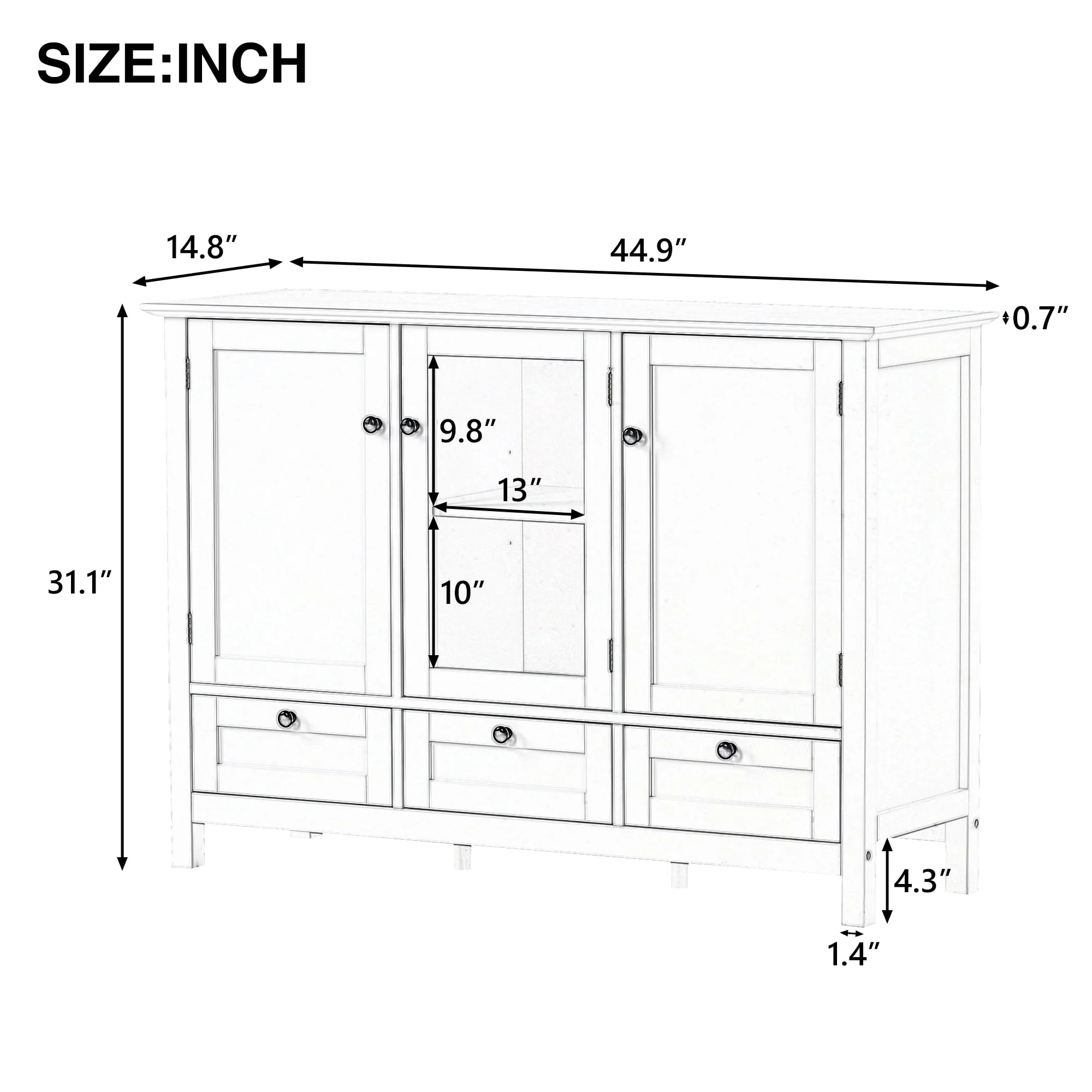 Modern Storage Cabinet, BUG HULL 44.9" Wide Solid Wood Sideboard Buffet Table, Console Table with 3 Doors and Drawers, White - Image 7