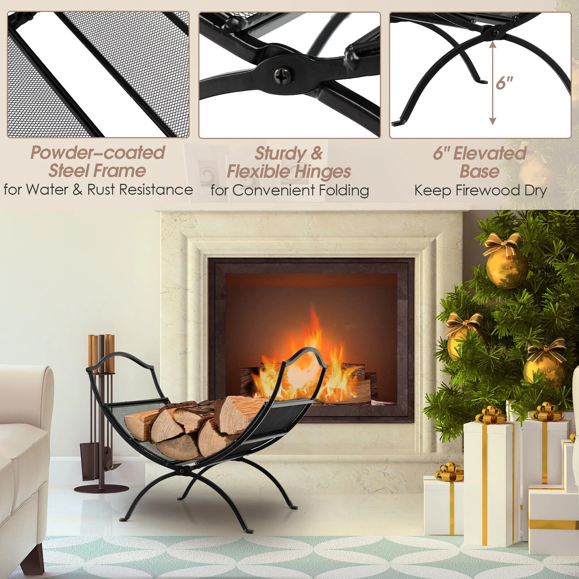 Gymax Fireplace Log Holder Folding Firewood Rack Storage Heavy Duty Logs Stacker - Image 5