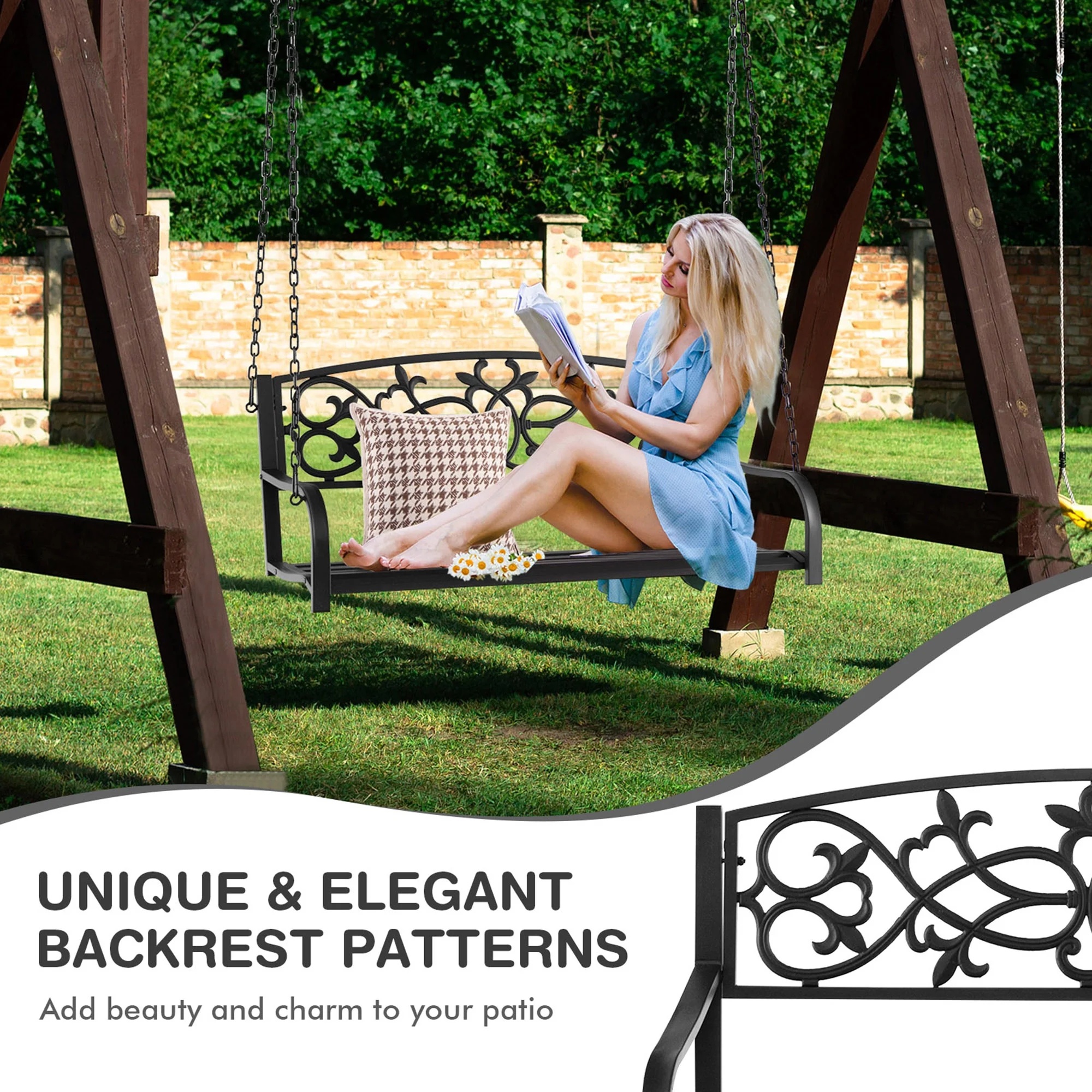 Gymax Patio Hanging Porch Swing 2-Person Outdoor Metal Swing Bench Chair w/ Chains Brown - Image 18