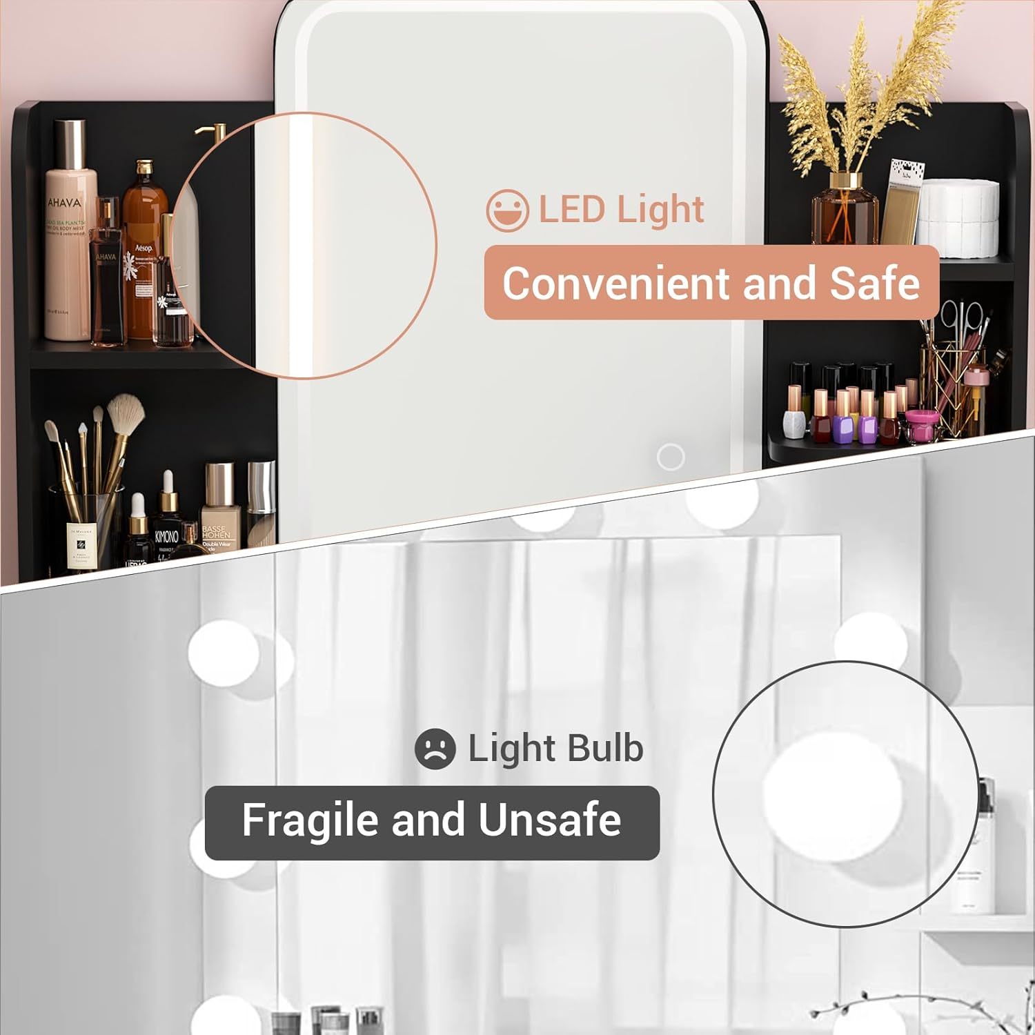 iSunirm Vanity Desk with Mirror and Lights, Makeup Vanity with 2 Drawers, Vanity Table Set with 3 Color Adjustable Lighting Options, Modern Dressing Table with Shelf, for Bedroom, Pink - Image 22