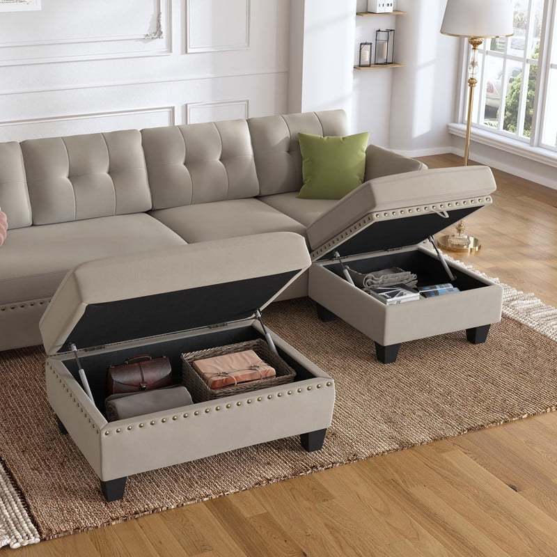HONBAY Modern Velvet Sofas Set with Storage Ottoman Sectional Sofa in Peal Grey - Image 8