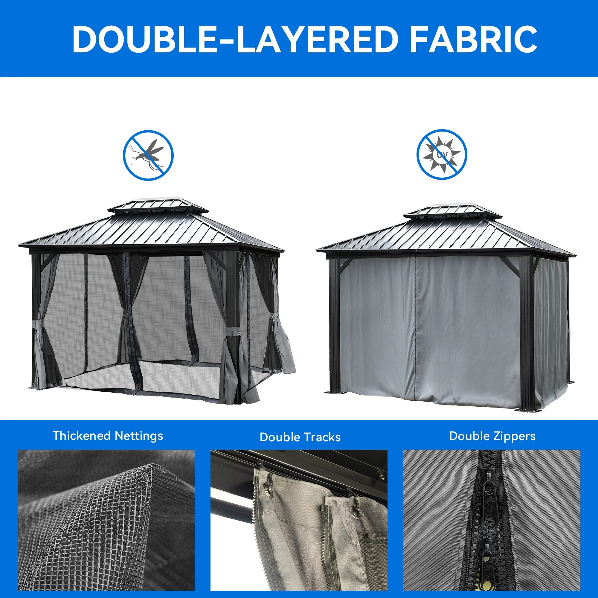 Dextrus 10x12ft Double Roof Hardtop Gazebo with Netting&Curtains, Double Galvanized Iron Aluminum Frame Outdoor White Gazebo,Ideal for Patio, Backyard,Deck and Lawns,Grey Curtain - Image 25