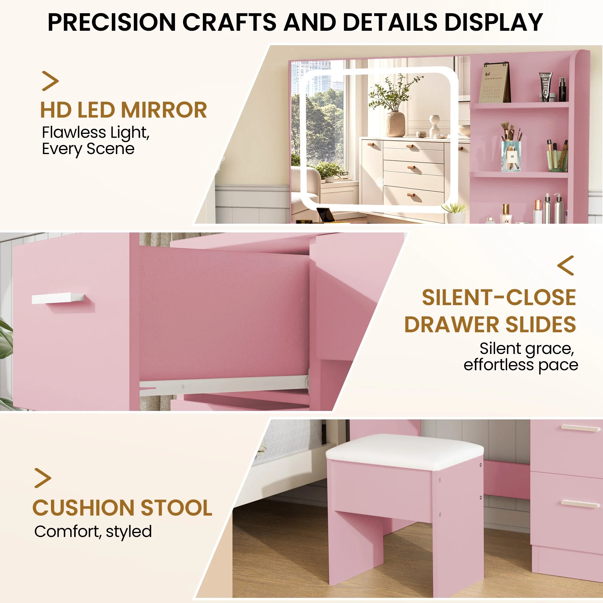 LIVELYGLOW Vanity Desk with Mirror and Lights, Makeup Vanity with Drawer & Storage Shelves, Cabinet, 3 Lighting Modes Adjustable Brightness,White - Image 27
