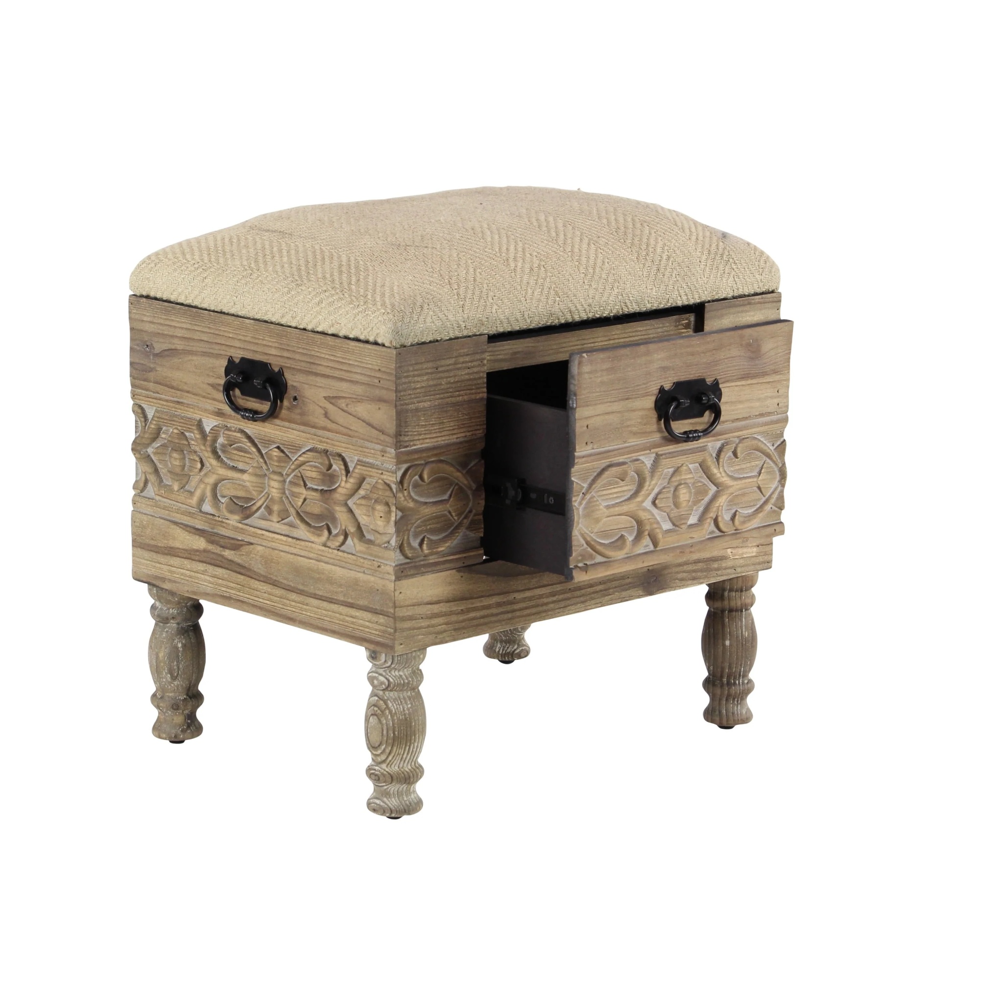 DecMode Wood Floral Intricately Carved Storage Stool with Cream Burlap Top, Beige - Image 7