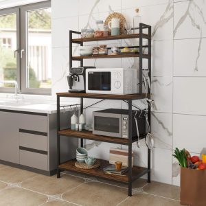 Ktaxon 67" 5-Tier Industrial Baker's Rack, Microwave Oven Stand, Free Standing Kitchen Island Utility Cart Storage Shelf Organizer with 10 Hooks, Rustic Brown Finish