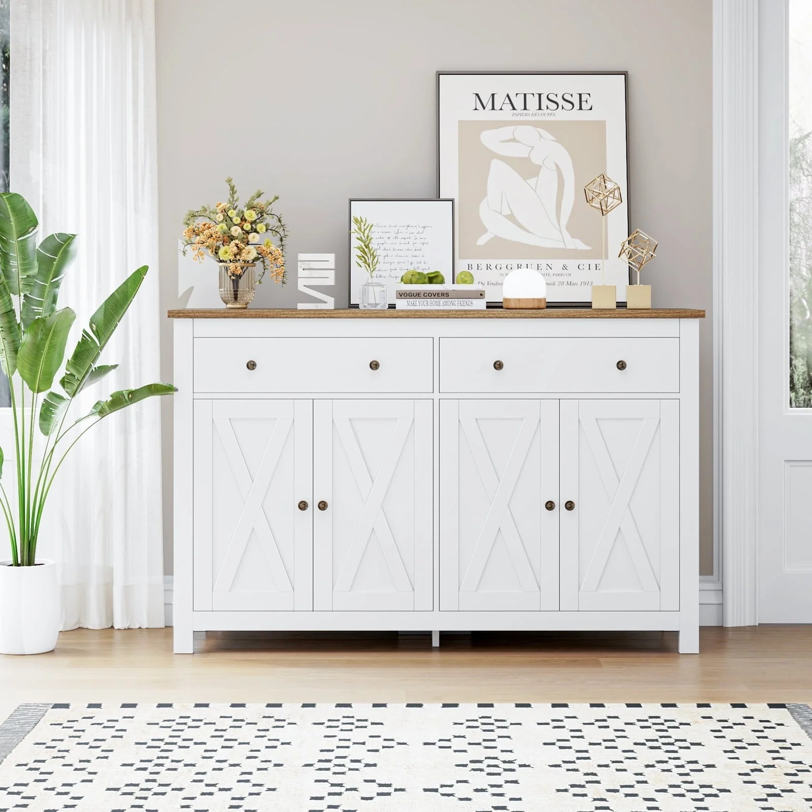 Homfa 4-Doors 2-Drawers Farmhouse Storage Cabinet, Wood Sideboard with Adjustable Shelves, White - Image 9