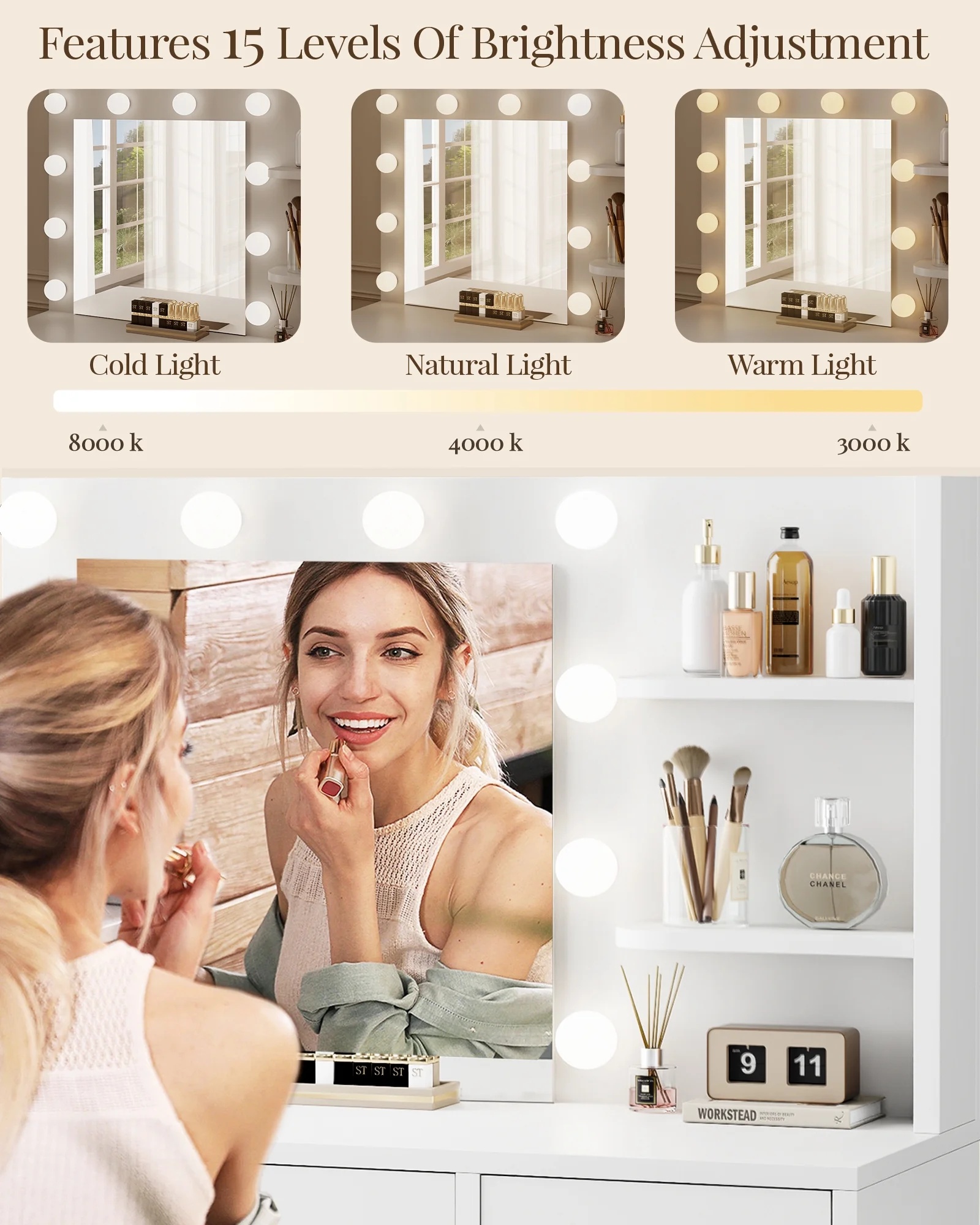 LIVELYGLOW Vanity Desk with Mirror and Lights, Makeup Vanity with Drawer & Storage Shelves, Cabinet, 3 Lighting Modes Adjustable Brightness,White - Image 8