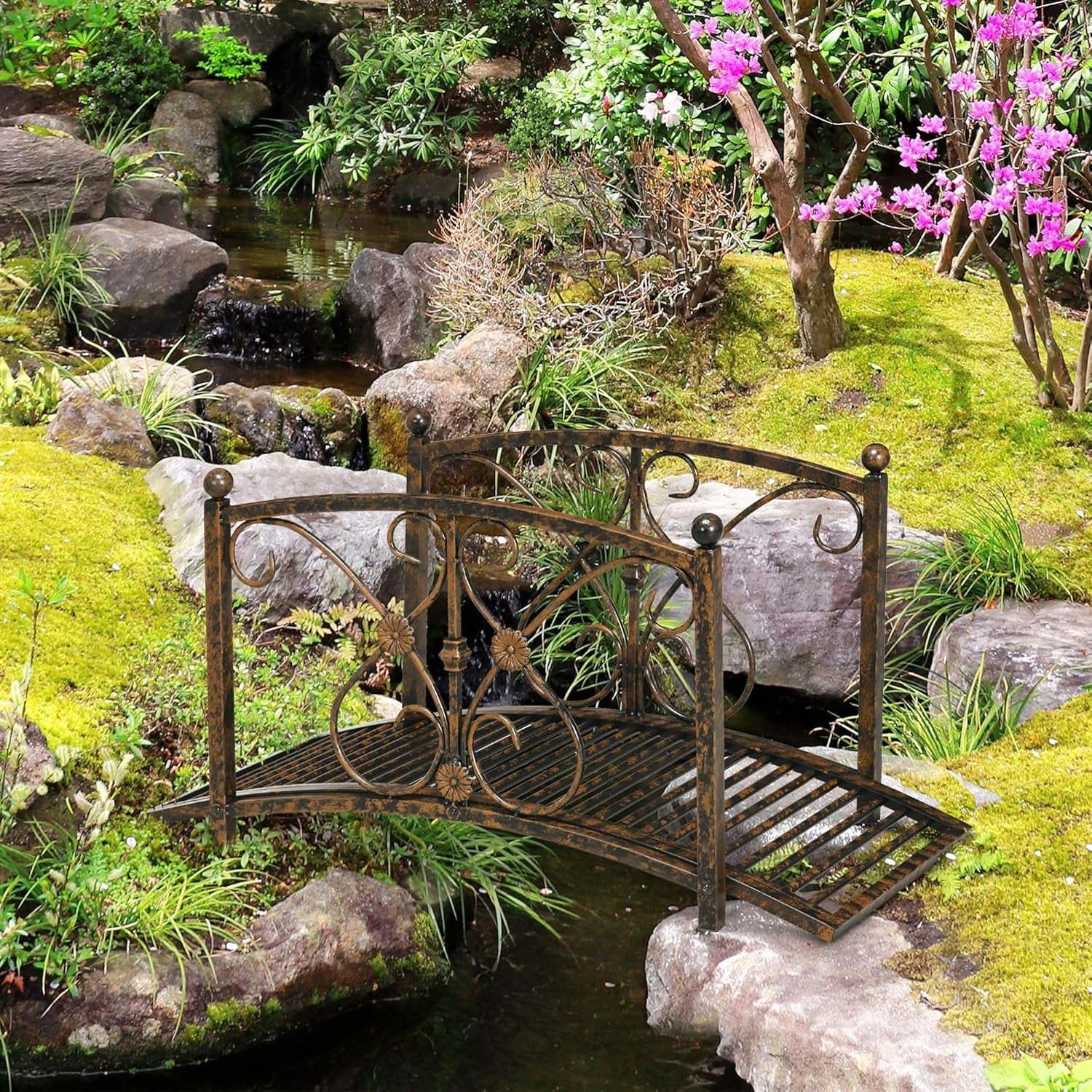 XgoodX 3.3FT Metal Garden Bridge with Decorative Scrollwork, Arched Footbridge with Safety Side Rails for Pond, Stream, Yard, Zen Garden, Outdoor Landscape D-cor-Black - Image 11