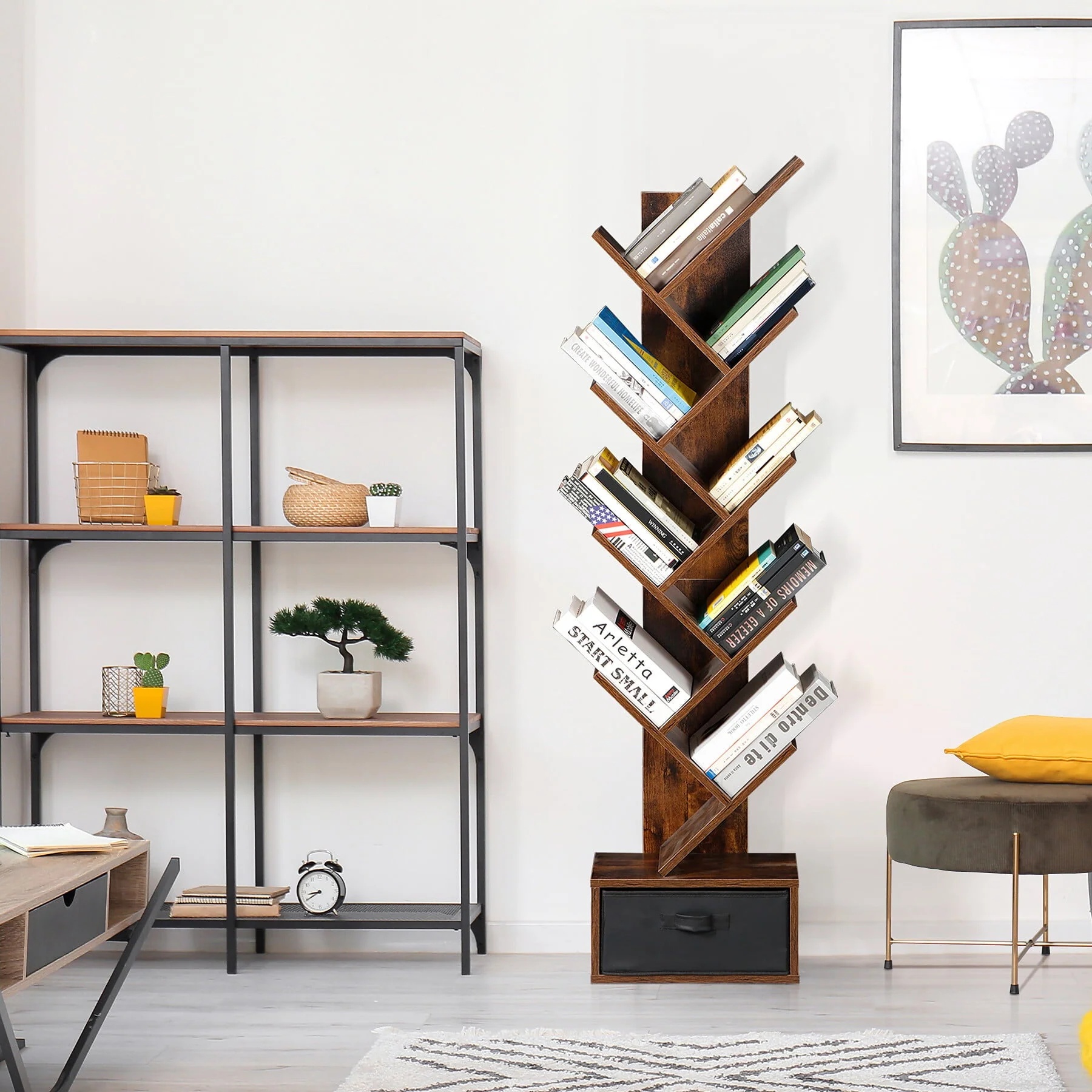 HomGarden 9 Tier Tree Bookshelf Modern Storage Rack Floor Bookcase W/Drawer, Rustic Brown - Image 7
