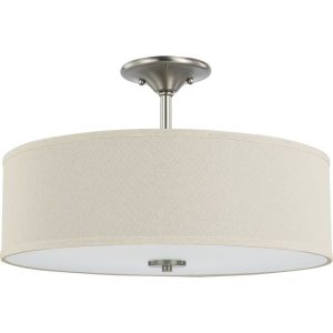 P350168-009-Progress Lighting-Inspire - Close-to-Ceiling Light - 3 Light - Drum Shade in Farmhouse style - 18 Inches wide by 11.5 Inches high-Brushed