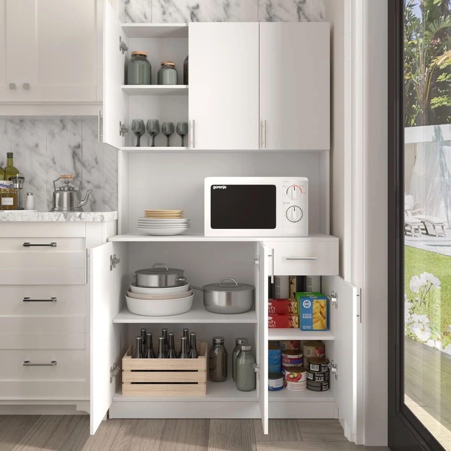 Catrimown 72'' Kitchen Pantry Cabinets,Pantry Storage Cabinet with Microwave Stand, Tall Freestanding Cupboard, White - Image 2