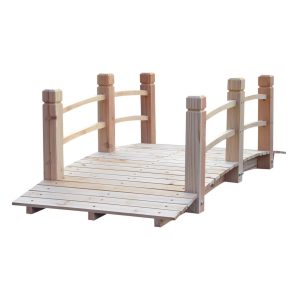 5 ft Wooden Garden Bridge Arc Footbridge with Railings - Natural Wood Backyard Decor