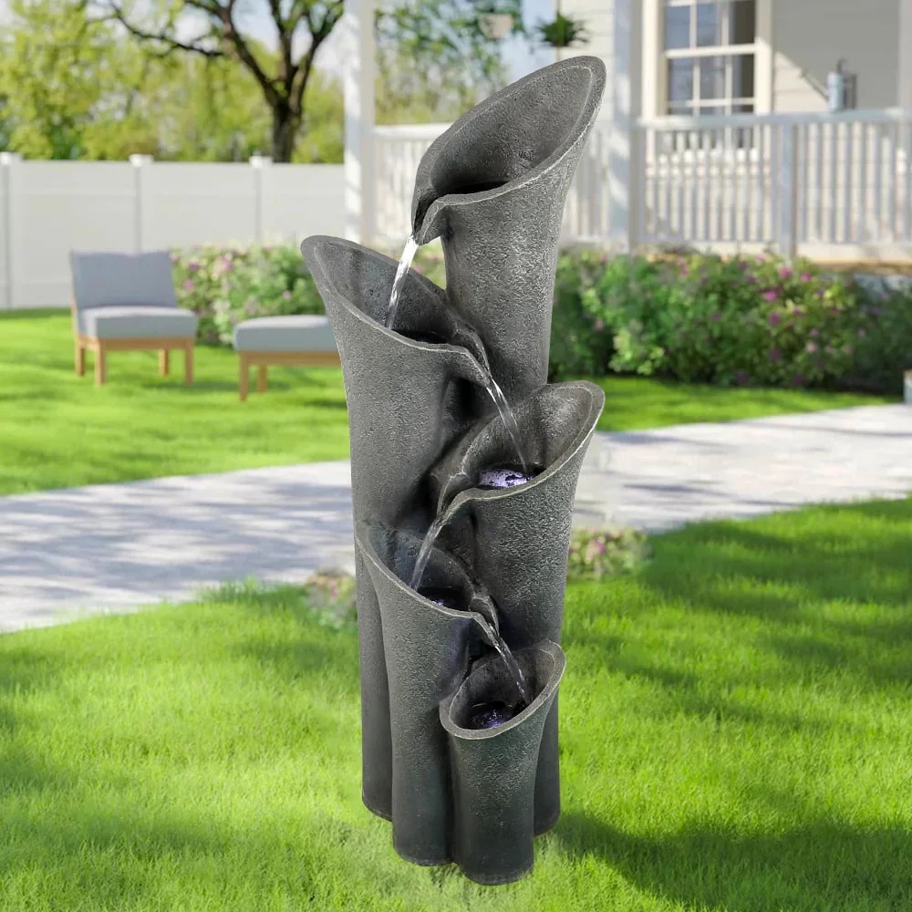 5-Tier Outdoor Water Fountains with LED Lights, 40" High Waterfalls Outdoor Water Feature for Garden Yard Patio Deck Home - Image 6