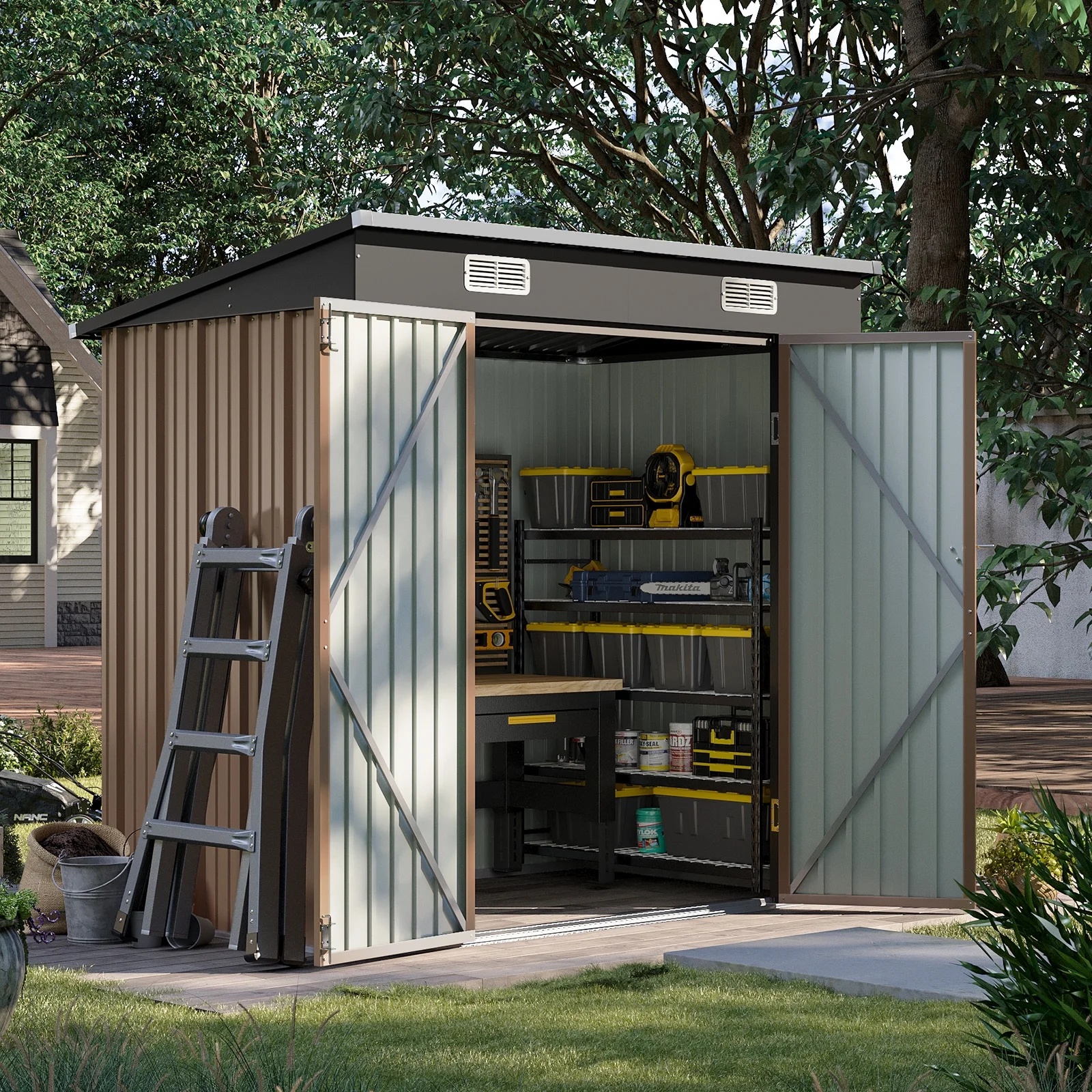 Aoxun 6' x 4' Storage Shed Lean to Storage Shed, Outdoor Metal Wall Side Storage Sheds, Outdoor Storage Cabinet for Patio, Garden, Lawn (Brown) - Image 39