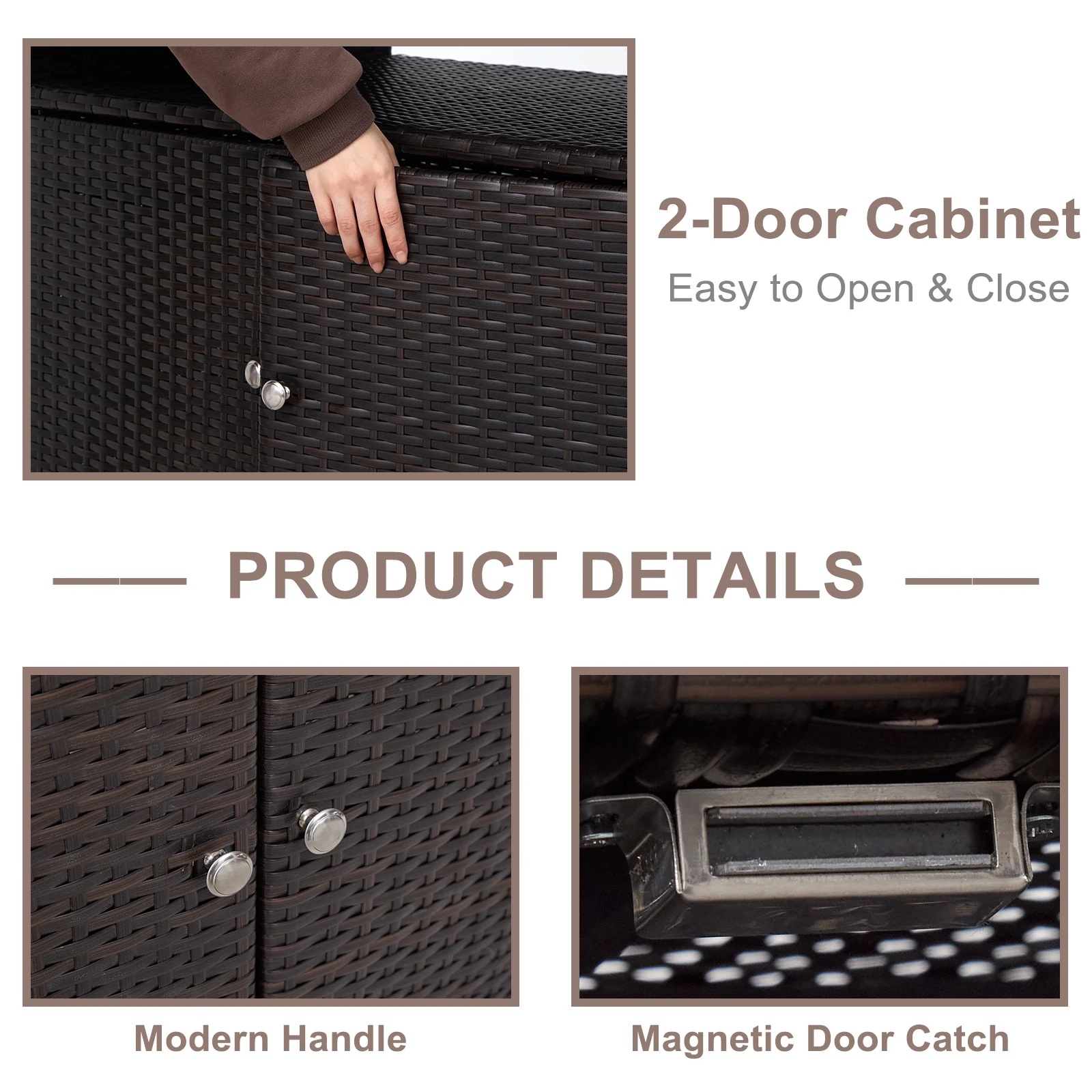 Kinbor Outdoor Wicker Storage Cabinet, Patio Bar Tables with Two Doors & Shelves, Weatherproof Storage Console Table, Dark Brown - Image 3