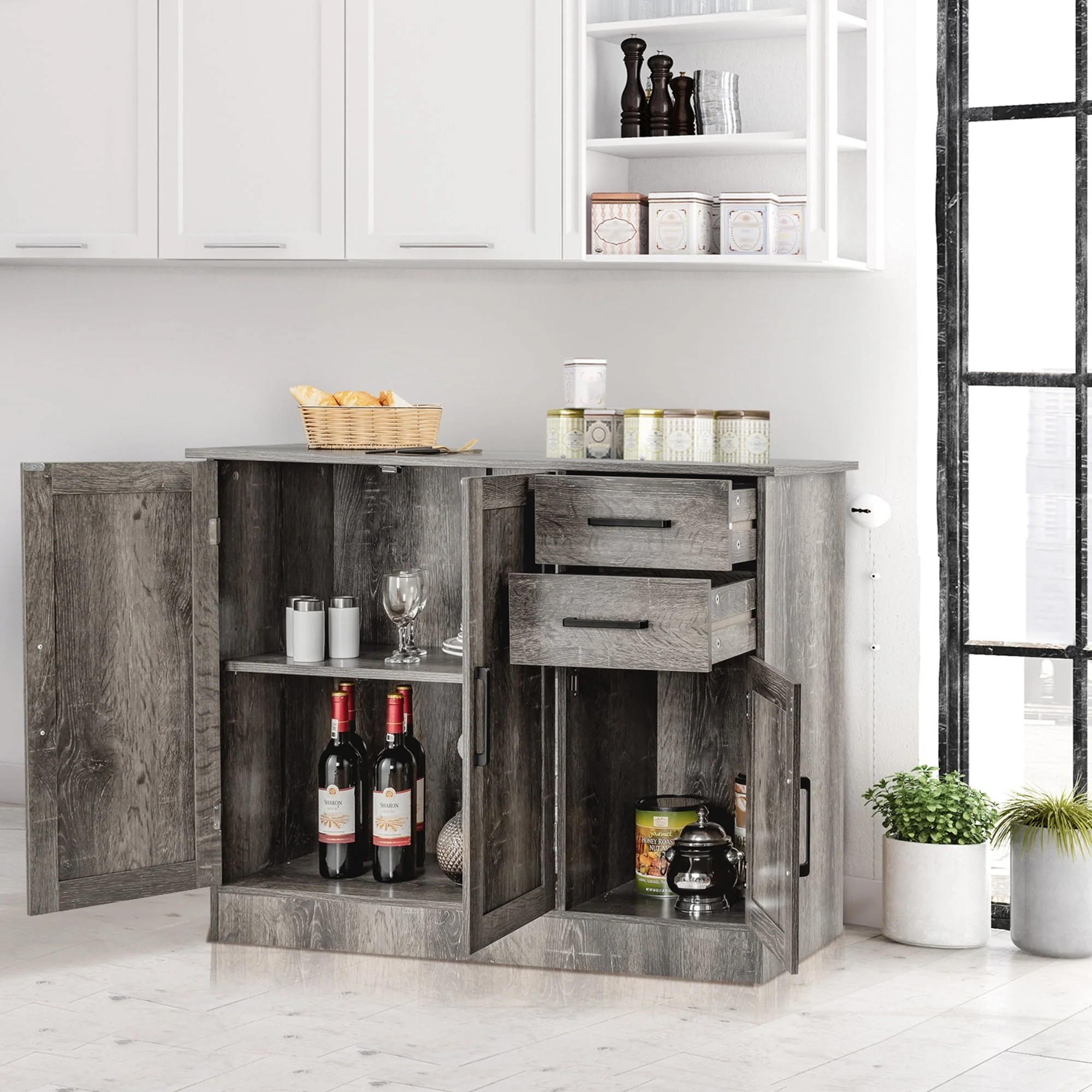 Gymax Buffet Storage Cabinet Console Table Kitchen Sideboard Drawer Grey - Image 4