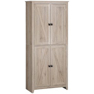 HOMCOM 72" Freestanding 4-Door Kitchen Pantry, Storage Cabinet Organizer with 4-Tiers, and Adjustable Shelves, Natural