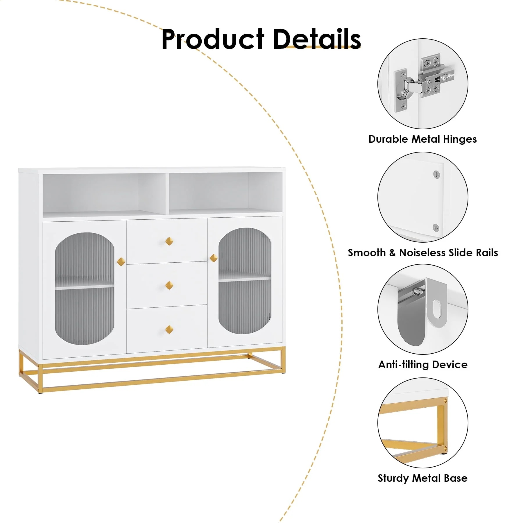 Homfa 47.2'' Sideboard Storage Cabinet, 3 Drawers Buffet Cabinet with Glass Doors for Kitchen Dining Room, White - Image 4